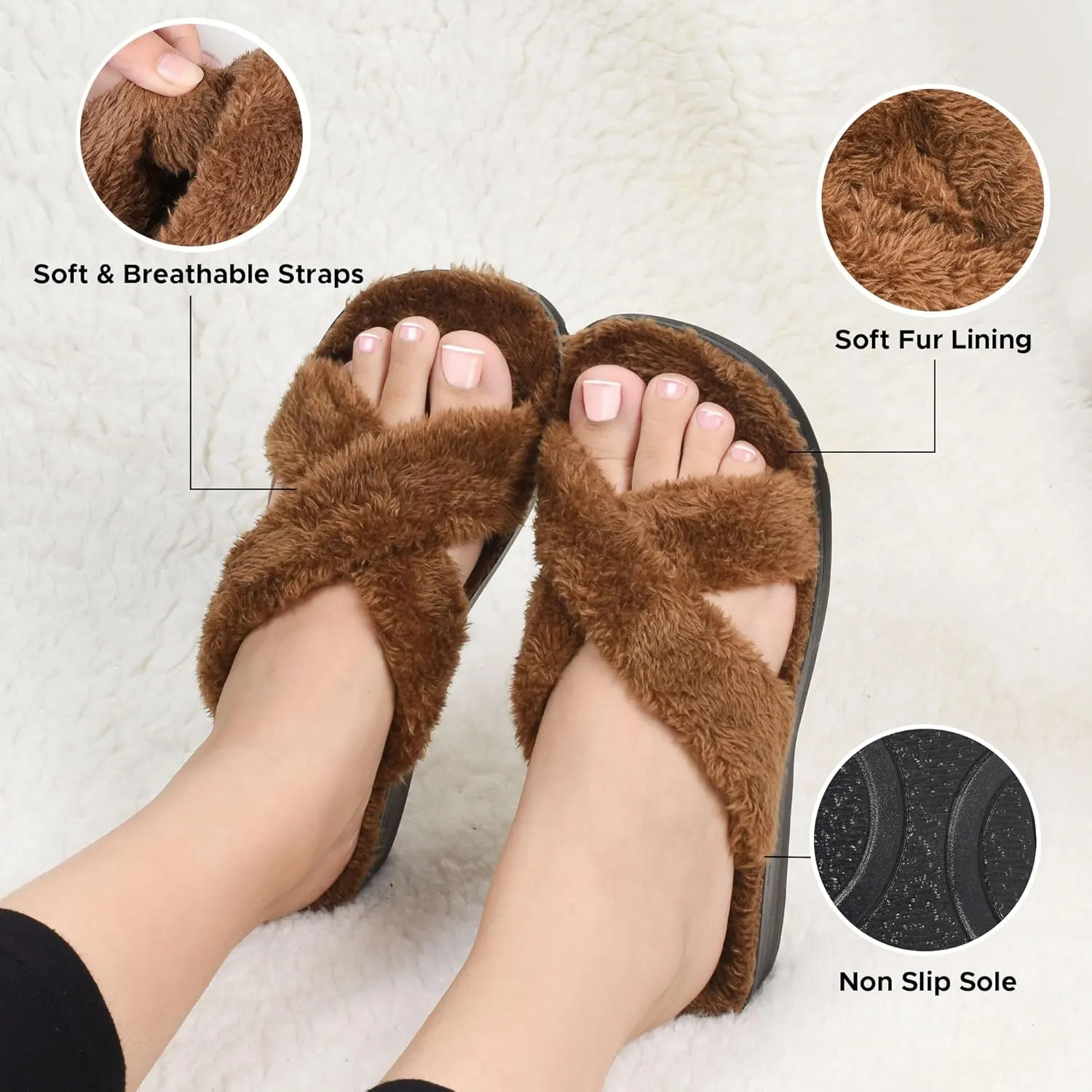 AEROTHOTIC Soft Fuzzy Slippers Outdoor and Indoor with Non-Slip Sole Stylish Straps Comfortable Womens Slippers Open Toe Home Travel Vacation Wear