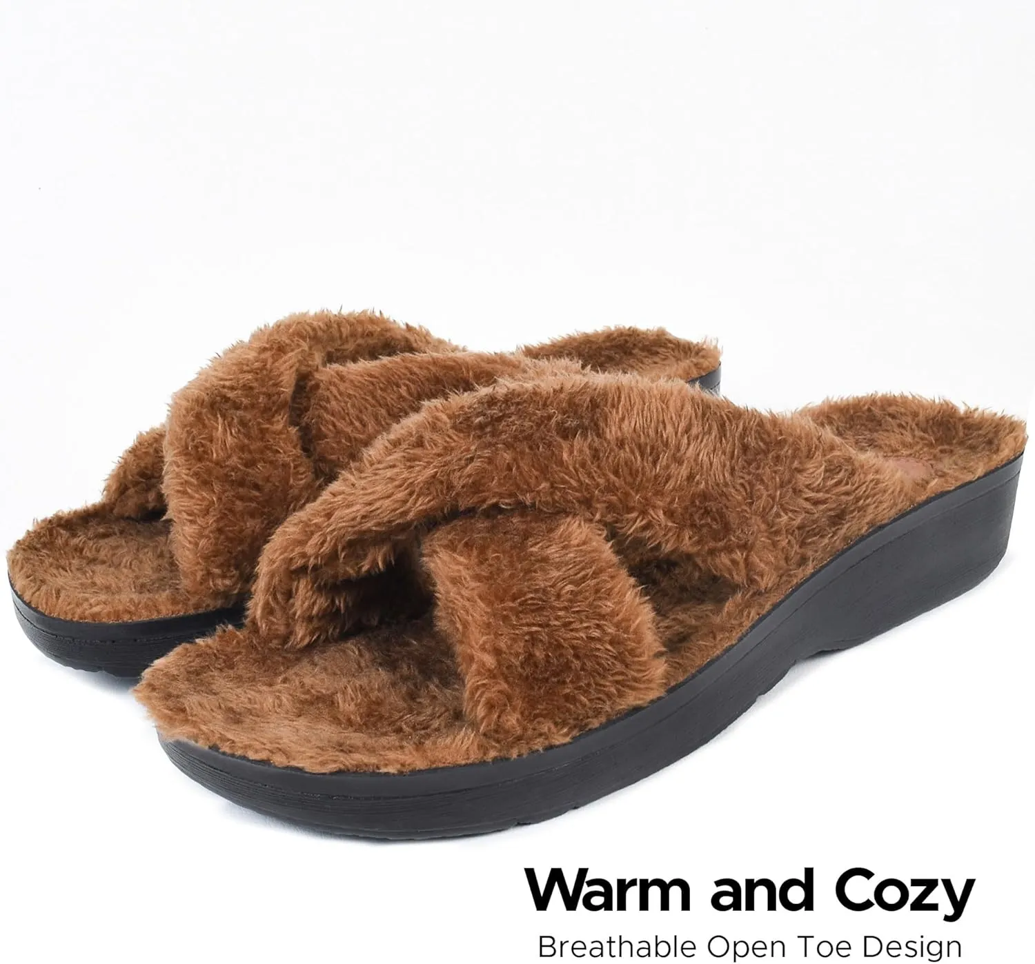 AEROTHOTIC Soft Fuzzy Slippers Outdoor and Indoor with Non-Slip Sole Stylish Straps Comfortable Womens Slippers Open Toe Home Travel Vacation Wear