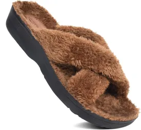 AEROTHOTIC Soft Fuzzy Slippers Outdoor and Indoor with Non-Slip Sole Stylish Straps Comfortable Womens Slippers Open Toe Home Travel Vacation Wear