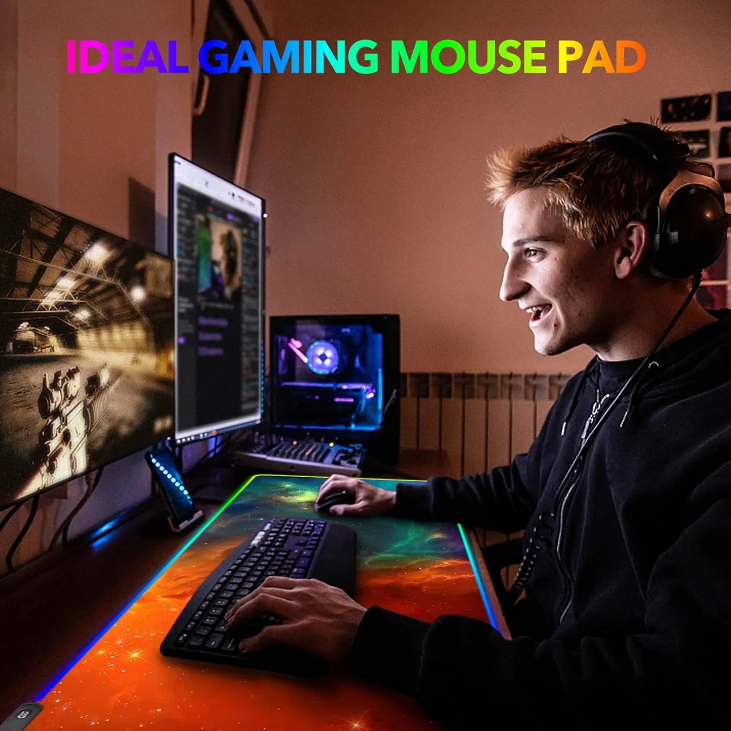 AIMSA Large RGB Gaming Mouse Pad, Keyboard Mousepad Led Extended 35.4 x 15.8 inch Non-Slip Rubber Base with 14 Lighting Modes, Big Desk Mat Waterproof, Galaxy Nebula
