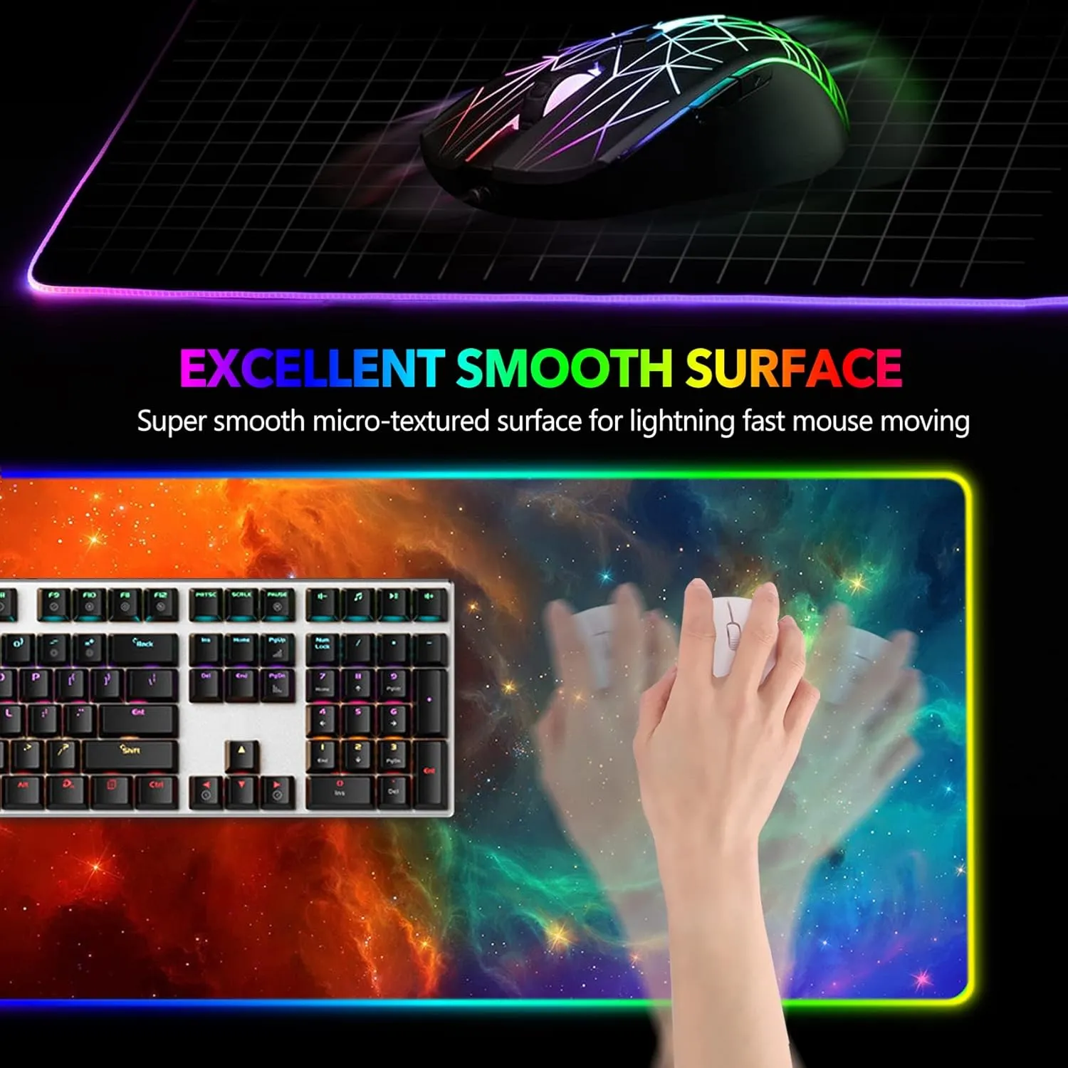 AIMSA Large RGB Gaming Mouse Pad, Keyboard Mousepad Led Extended 35.4 x 15.8 inch Non-Slip Rubber Base with 14 Lighting Modes, Big Desk Mat Waterproof, Galaxy Nebula