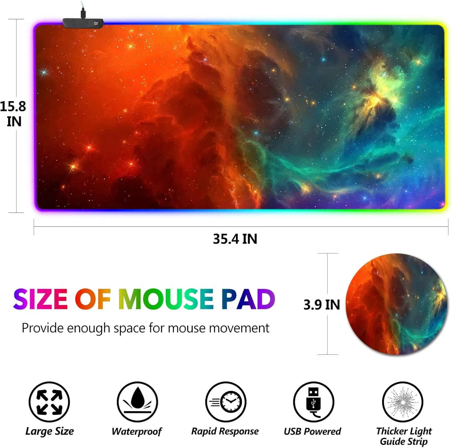 AIMSA Large RGB Gaming Mouse Pad, Keyboard Mousepad Led Extended 35.4 x 15.8 inch Non-Slip Rubber Base with 14 Lighting Modes, Big Desk Mat Waterproof, Galaxy Nebula