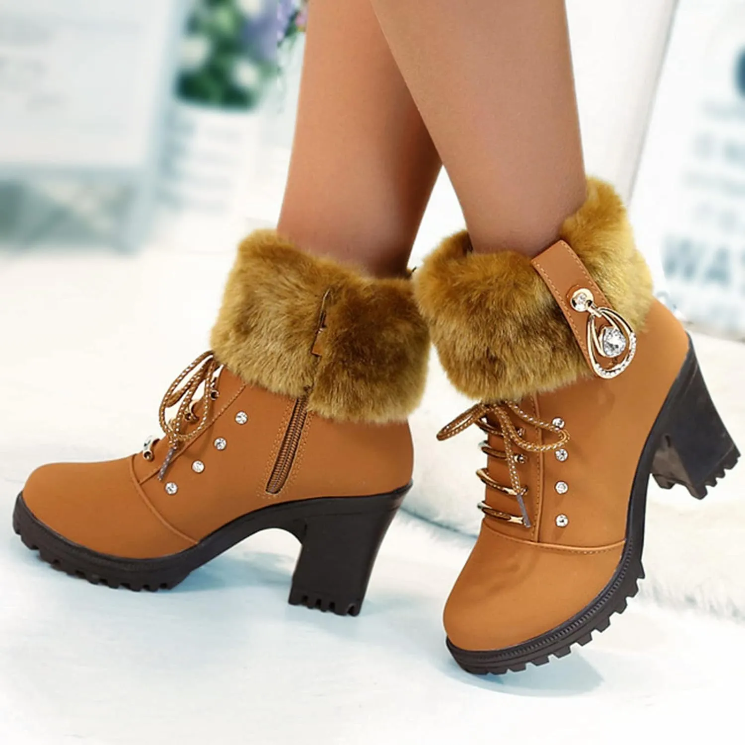 Aniywn Ankle Boots,Women Winter Chunky High Heels Boots Fall Combat Lace Up Booties Platform Shoes