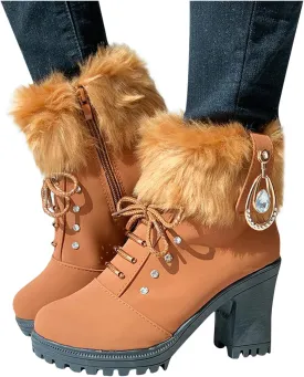 Aniywn Ankle Boots,Women Winter Chunky High Heels Boots Fall Combat Lace Up Booties Platform Shoes