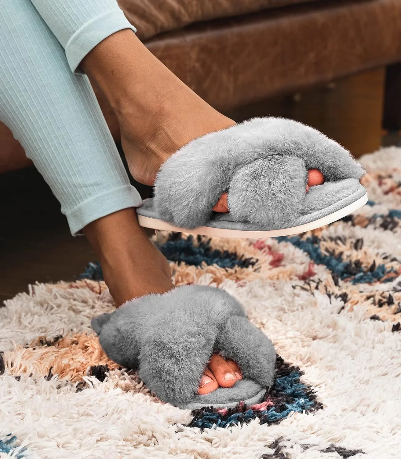 Ankis Womens Fuzzy Memory Foam Slippers Cross Band Cozy Plush Home Slippers Fluffy Furry Open Toe House Shoes Indoor Outdoor Slide Slipper