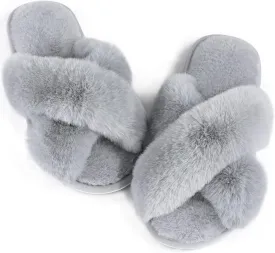 Ankis Womens Fuzzy Memory Foam Slippers Cross Band Cozy Plush Home Slippers Fluffy Furry Open Toe House Shoes Indoor Outdoor Slide Slipper