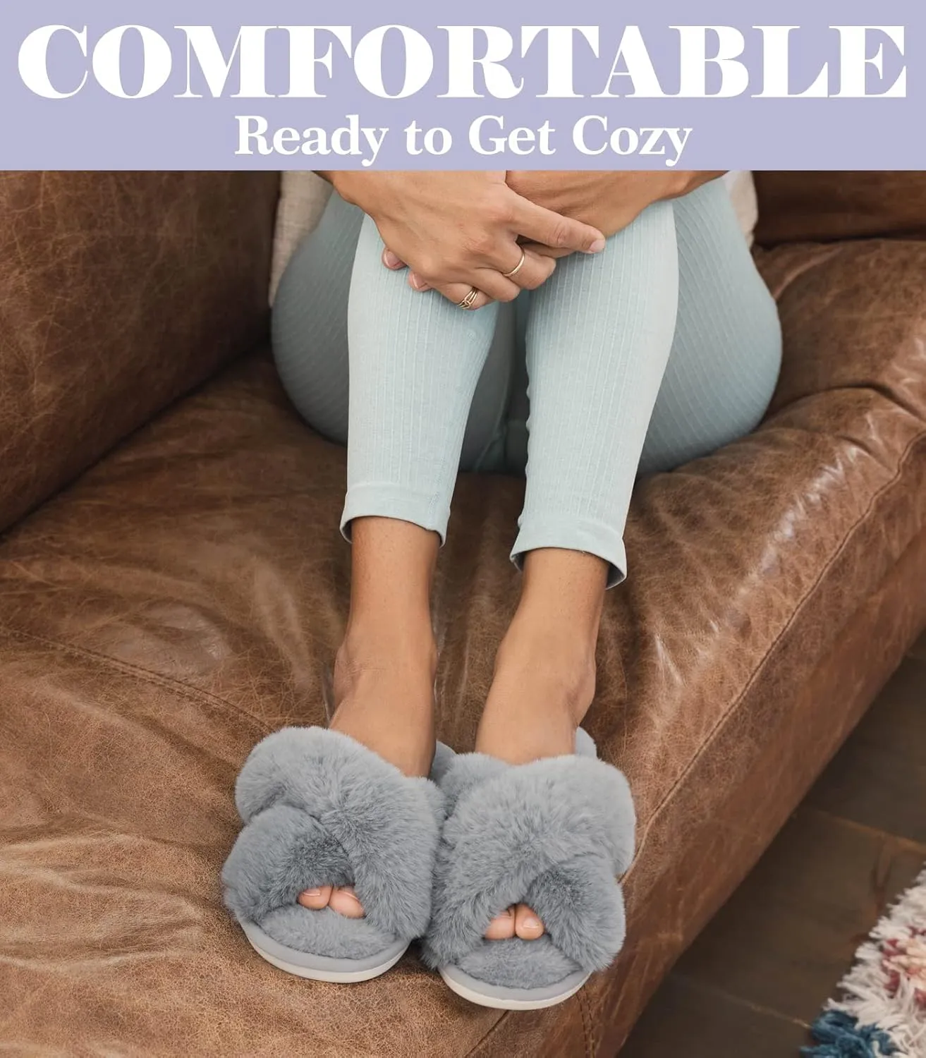 Ankis Womens Fuzzy Memory Foam Slippers Cross Band Cozy Plush Home Slippers Fluffy Furry Open Toe House Shoes Indoor Outdoor Slide Slipper