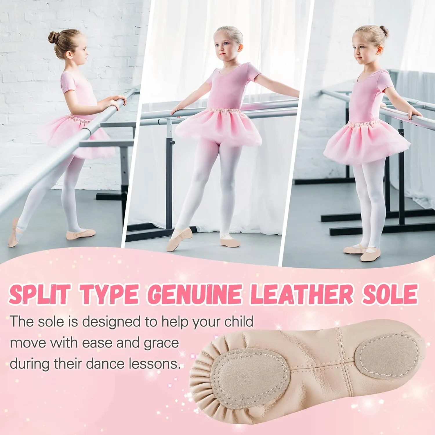 Ballet Shoes for Girls,Soft Leather Ballet Slippers No-Tie Dance Shoes for Toddler Girls/Little/Big Kids