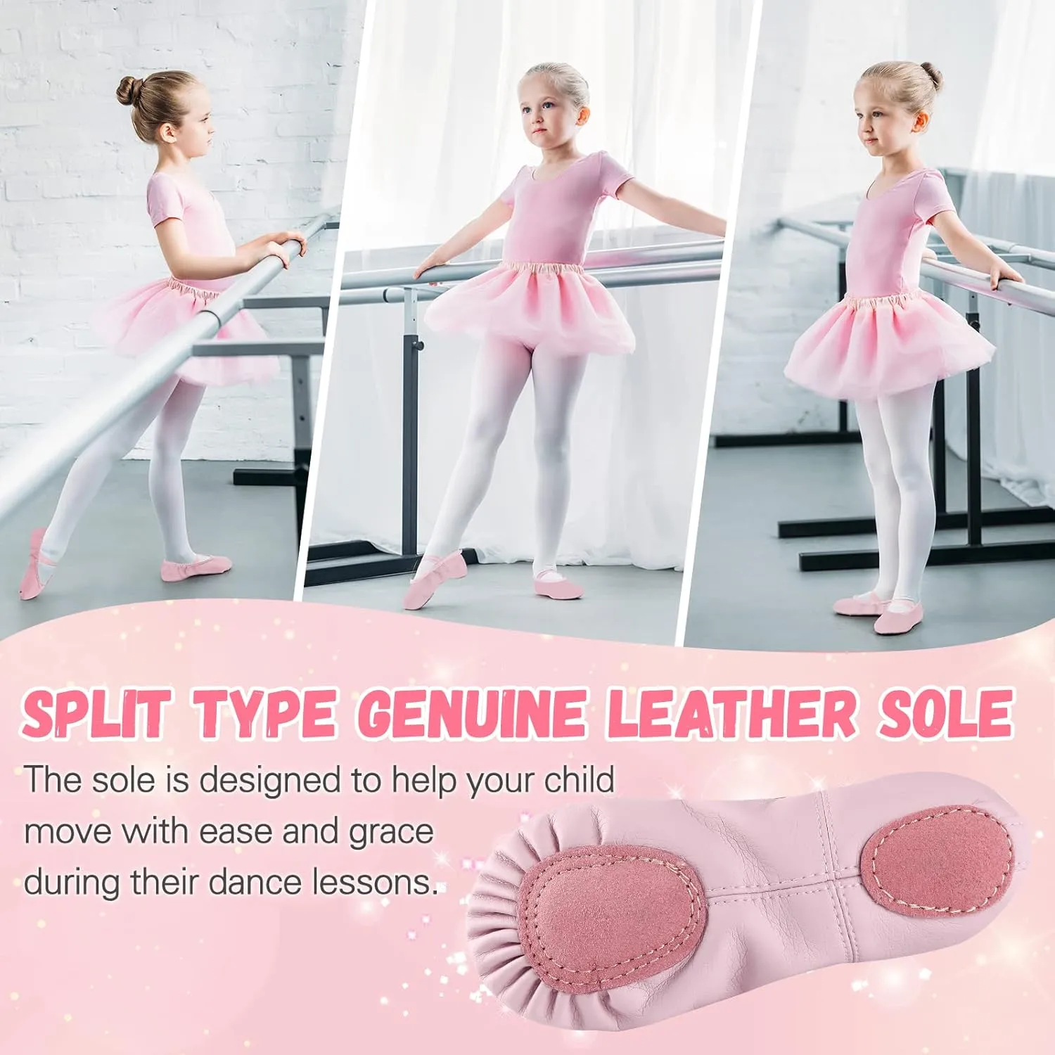 Ballet Shoes for Girls,Soft Leather Ballet Slippers No-Tie Dance Shoes for Toddler Girls/Little/Big Kids