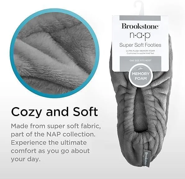 Brookstone Plush Footies - Slippers with Memory Foam Insole - Ultra-Soft Sherpa Footies for Indoor Wear, Non-Skid Sole, One-Size-Fits-Most, Machine Washable Slippers for Women