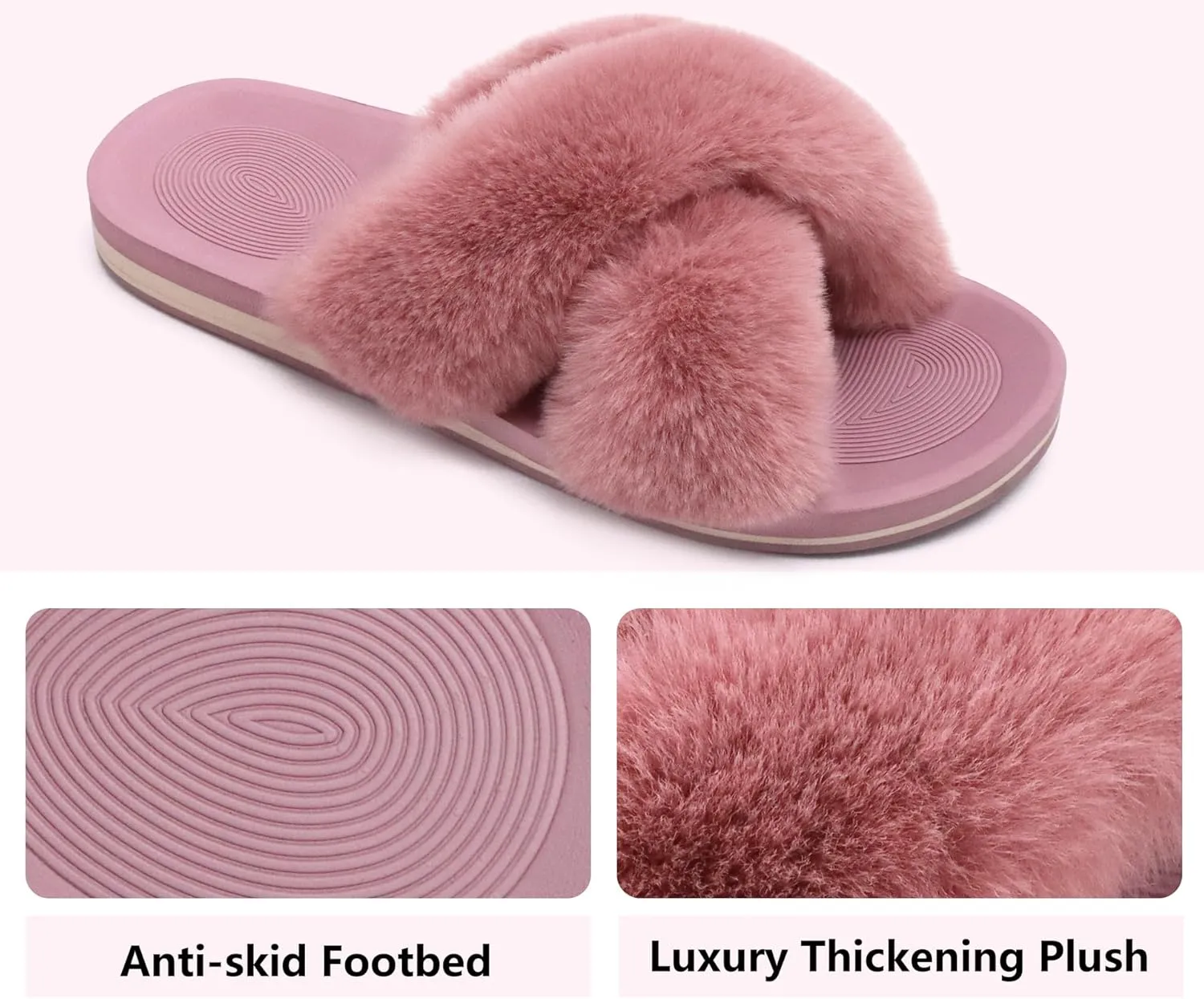 COFACE Womens Fuzzy Slides Fluff Faux Fur Cross Slippers Open Toe Yoga Mat House Slippers Sandals With Arch Support For Indoor/Outdoor