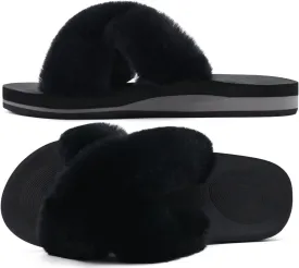 COFACE Womens Fuzzy Slides Fluff Faux Fur Cross Slippers Open Toe Yoga Mat House Slippers Sandals With Arch Support For Indoor/Outdoor