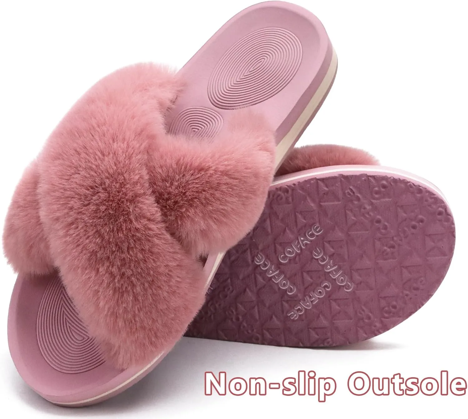 COFACE Womens Fuzzy Slides Fluff Faux Fur Cross Slippers Open Toe Yoga Mat House Slippers Sandals With Arch Support For Indoor/Outdoor
