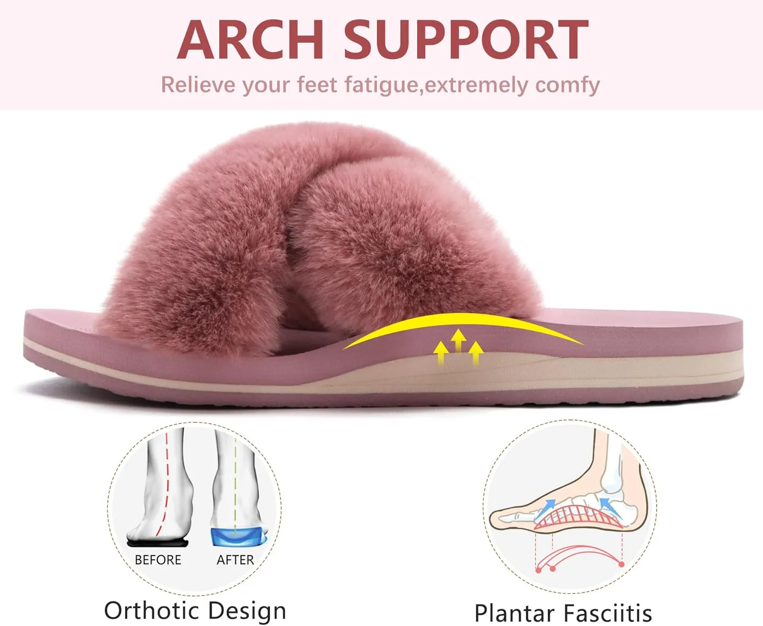 COFACE Womens Fuzzy Slides Fluff Faux Fur Cross Slippers Open Toe Yoga Mat House Slippers Sandals With Arch Support For Indoor/Outdoor