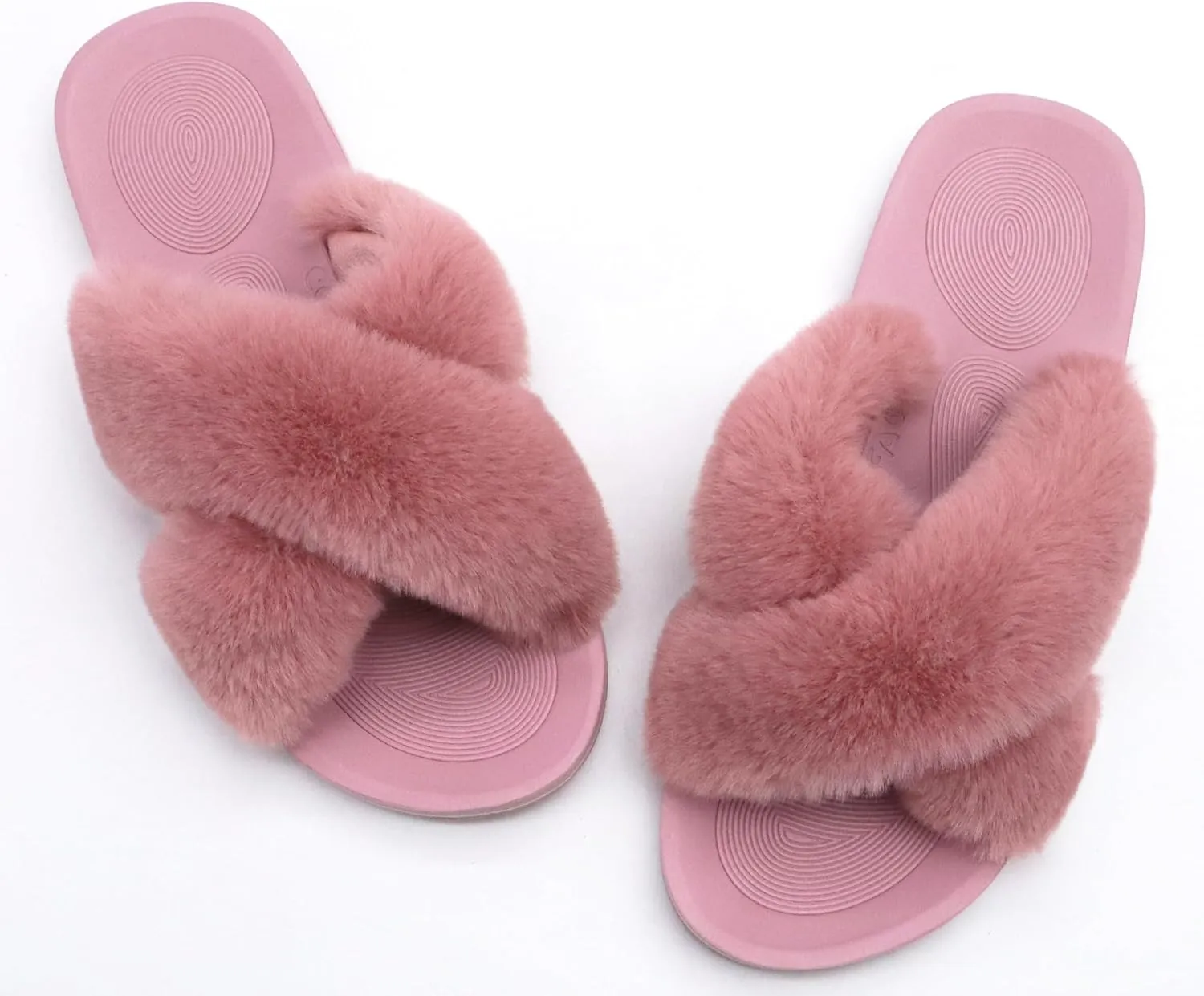 COFACE Womens Fuzzy Slides Fluff Faux Fur Cross Slippers Open Toe Yoga Mat House Slippers Sandals With Arch Support For Indoor/Outdoor