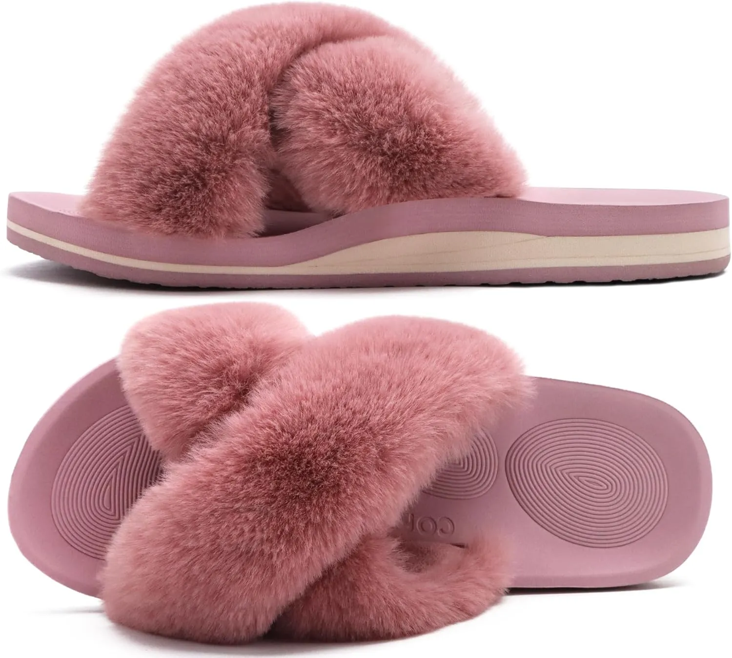 COFACE Womens Fuzzy Slides Fluff Faux Fur Cross Slippers Open Toe Yoga Mat House Slippers Sandals With Arch Support For Indoor/Outdoor