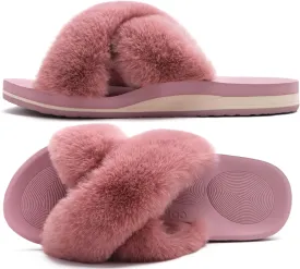 COFACE Womens Fuzzy Slides Fluff Faux Fur Cross Slippers Open Toe Yoga Mat House Slippers Sandals With Arch Support For Indoor/Outdoor
