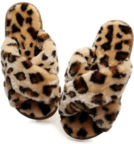 Crazy Lady Women's Fuzzy Fluffy House Slippers Cute Plush Memory Foam Shoes Cross Band Indoor Outdoor Open Toe Sandals