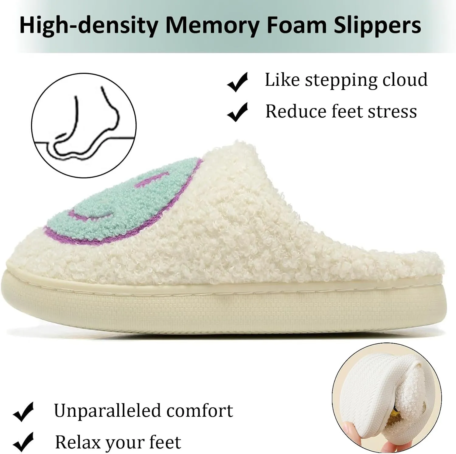 Cute House Slippers for Women Men with Memory Foam Retro Happy Face Cozy Indoor Outdoor Fuzzy Plush Shoes