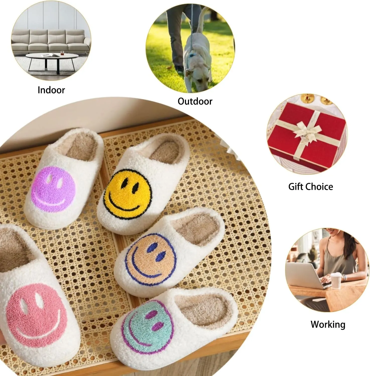 Cute House Slippers for Women Men with Memory Foam Retro Happy Face Cozy Indoor Outdoor Fuzzy Plush Shoes