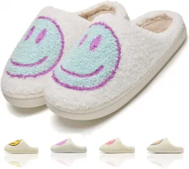 Cute House Slippers for Women Men with Memory Foam Retro Happy Face Cozy Indoor Outdoor Fuzzy Plush Shoes
