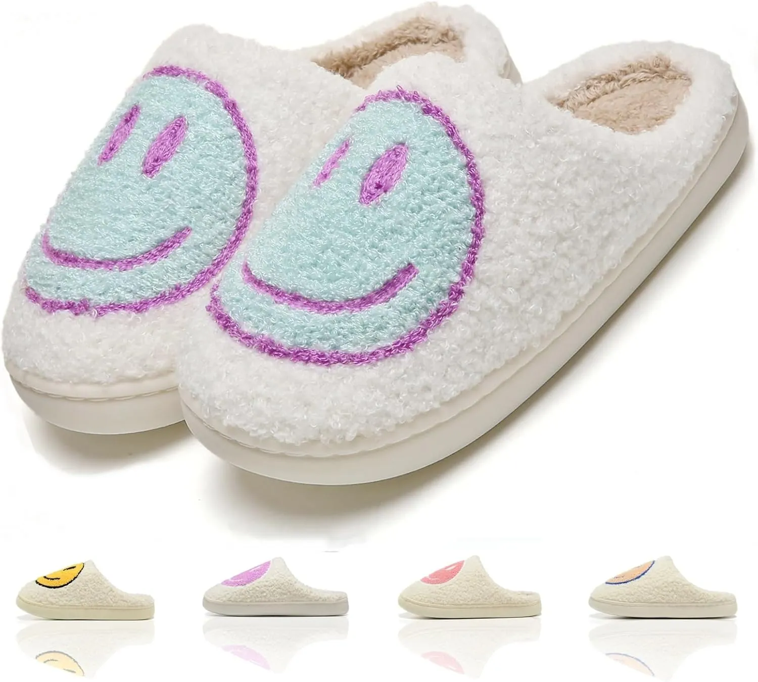 Cute House Slippers for Women Men with Memory Foam Retro Happy Face Cozy Indoor Outdoor Fuzzy Plush Shoes