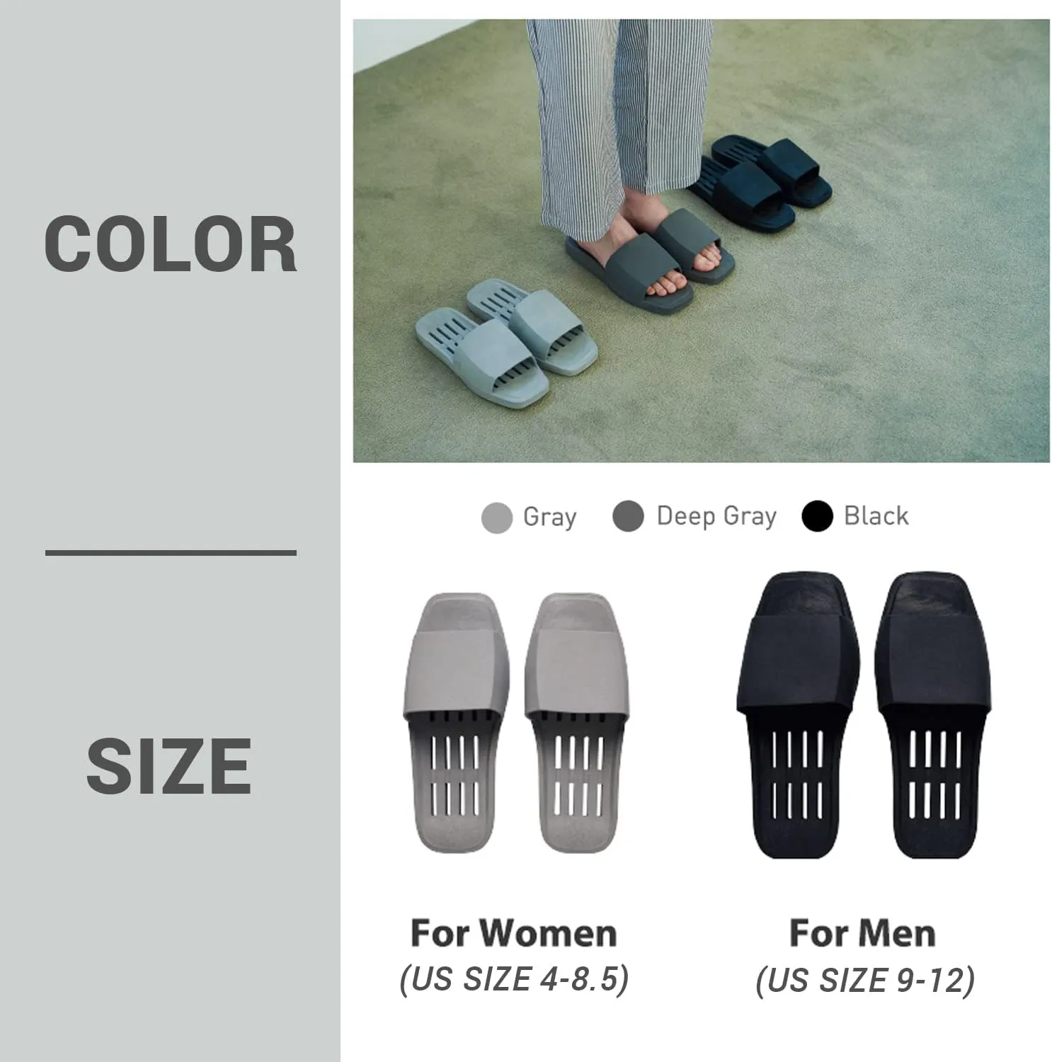DEARCUS Shower Slippers with Comfortable Anti Slip Pad - Quick Drying Slippers with Drainage Holes  Non Slip Thick Sole Sandals  Open Toe Home Slippers  Piu Meno, Deep Grey