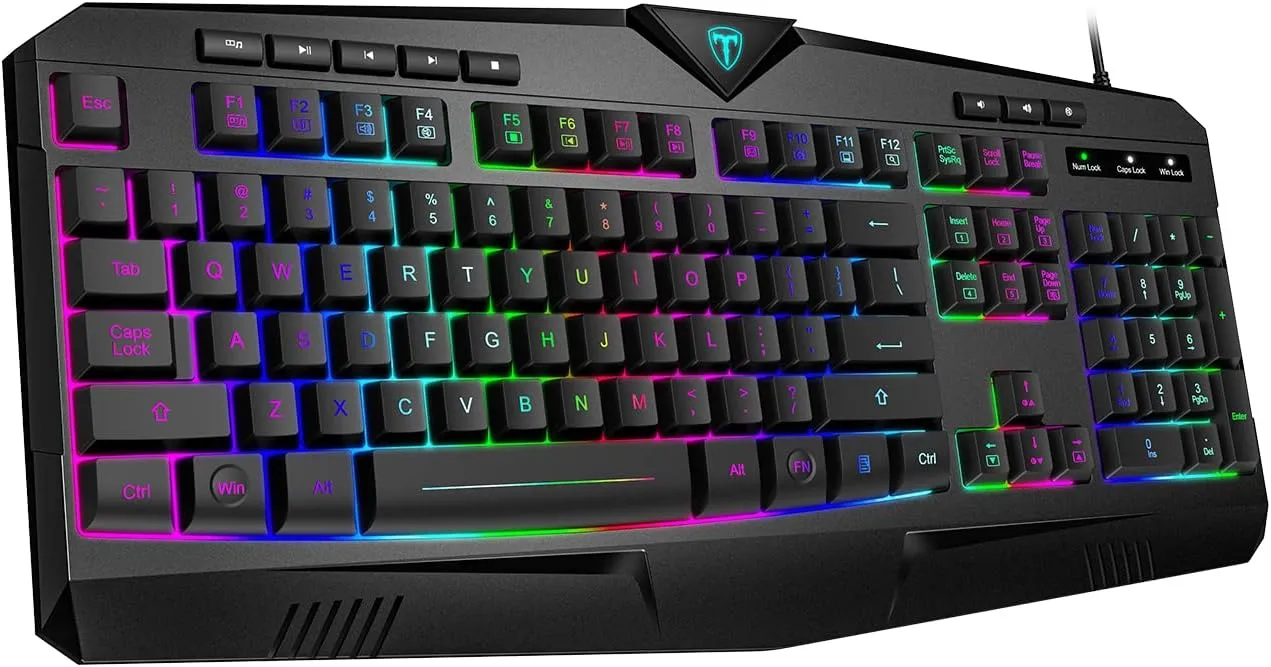 Gaming Keyboard, Full Size RGB Backlit Quiet Computer Keyboard, Wrist Rest, Silent Keys, Multimedia Keys, Anti-ghosting, Waterproof Light Up USB Wired Keyboard for PC Mac Xbox Gamer Office