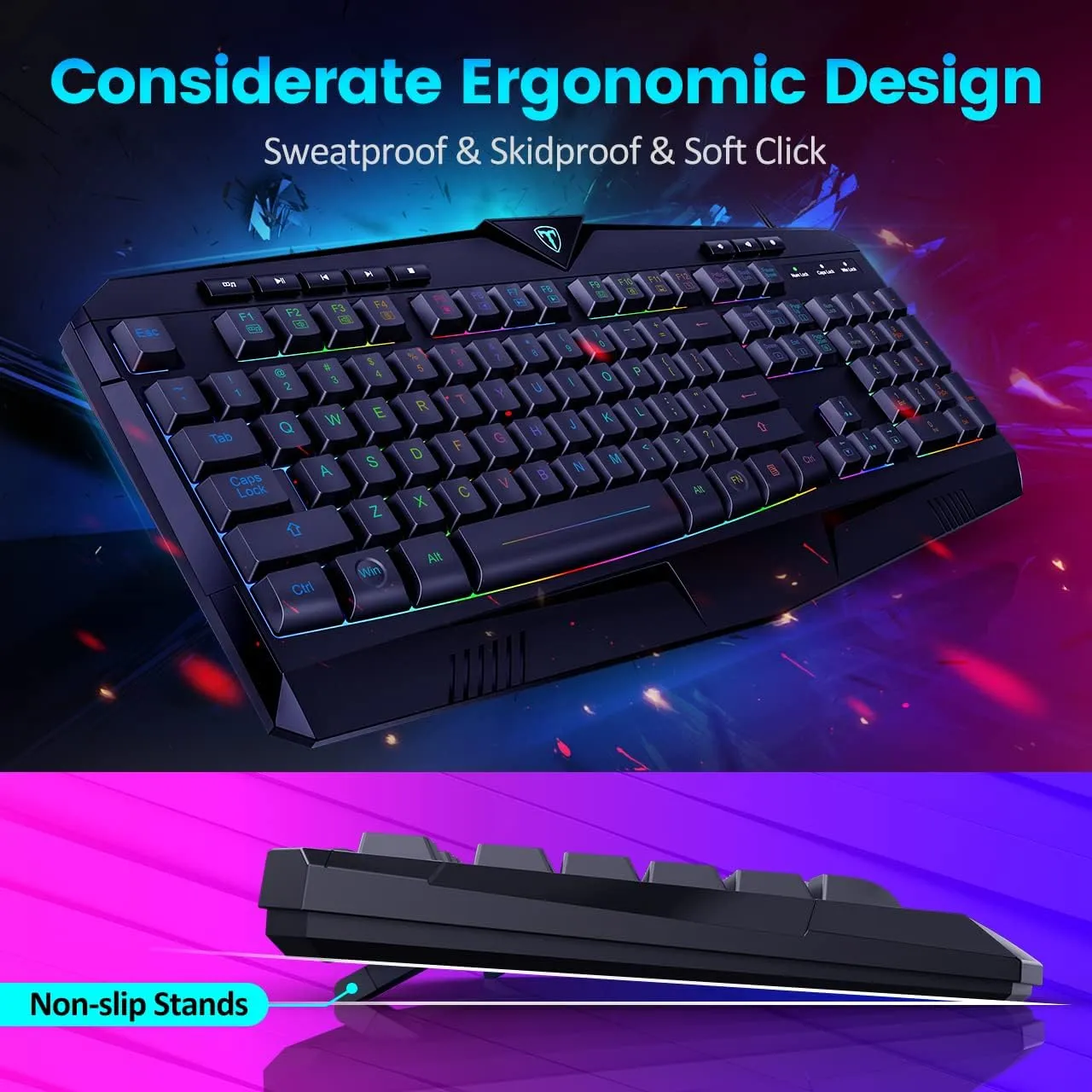 Gaming Keyboard, Full Size RGB Backlit Quiet Computer Keyboard, Wrist Rest, Silent Keys, Multimedia Keys, Anti-ghosting, Waterproof Light Up USB Wired Keyboard for PC Mac Xbox Gamer Office