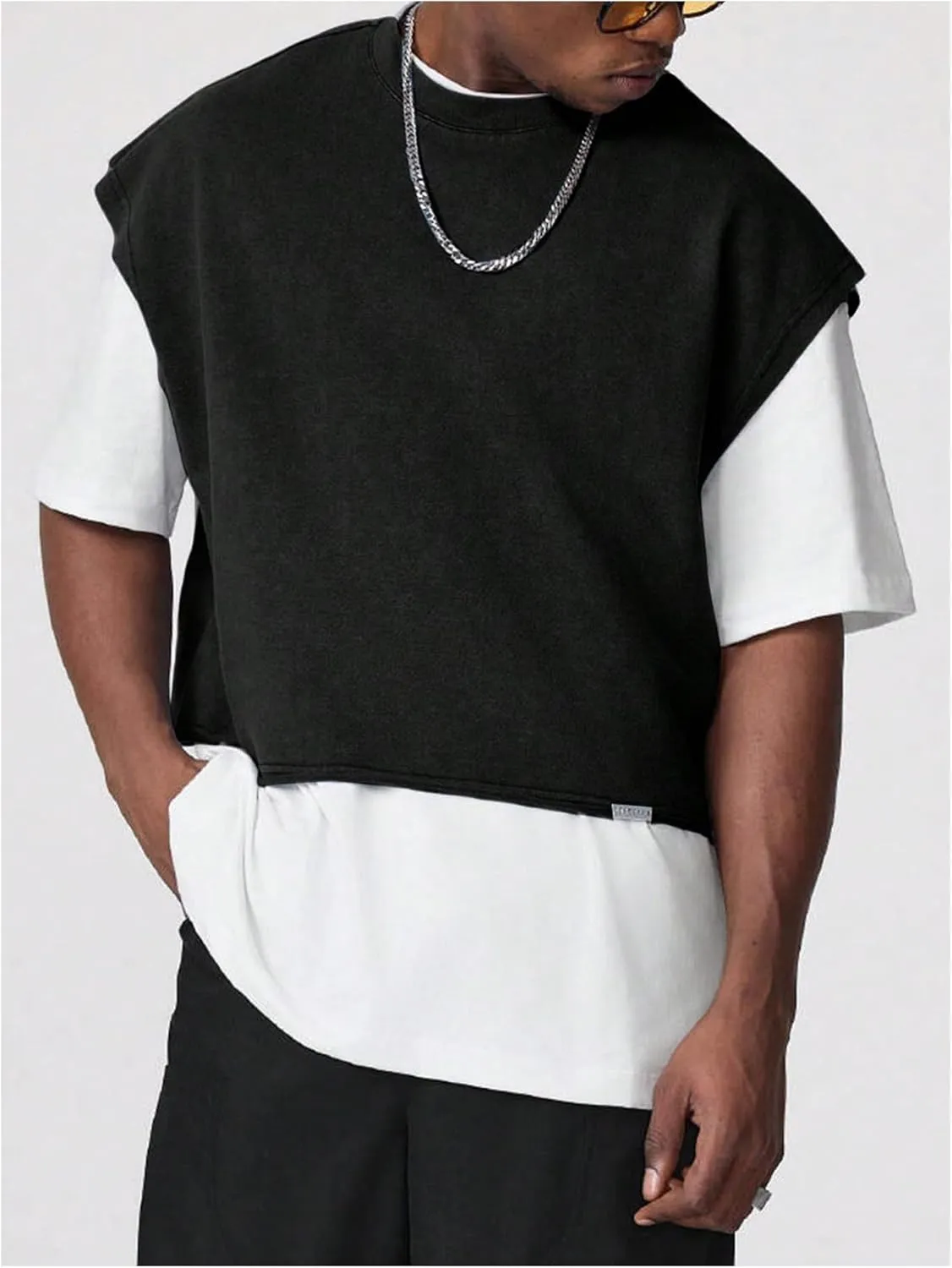 GORGLITTER Men's Dolman Sleeve Crop Vest Top T Shirts Crewneck Loose Pullover Tank Tops