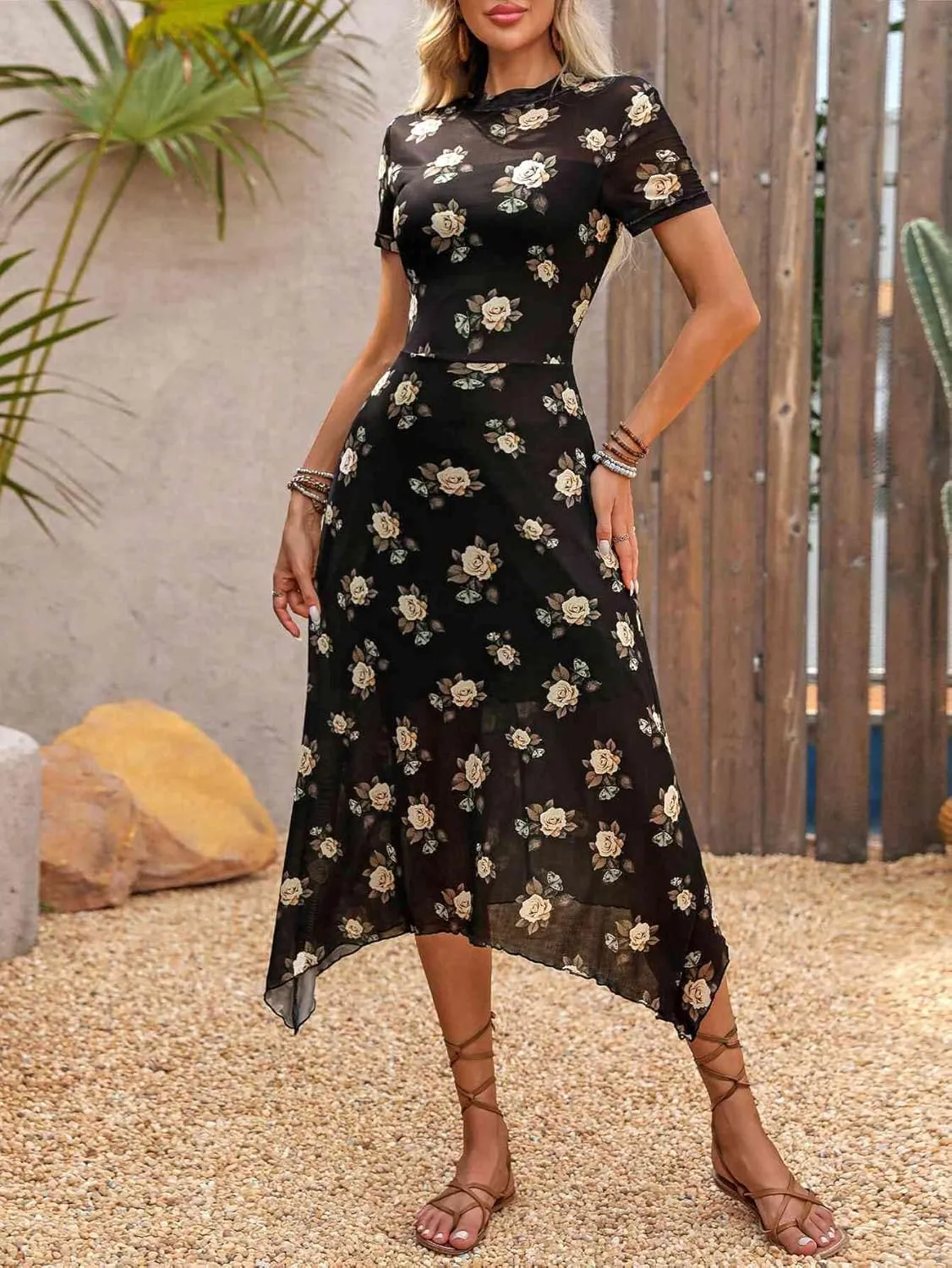 GothDark Women's 2025 Summer Floral Print Vintage Goth Dress Mesh Spliced Double-Layered Irregular Hemline Midi Dress
