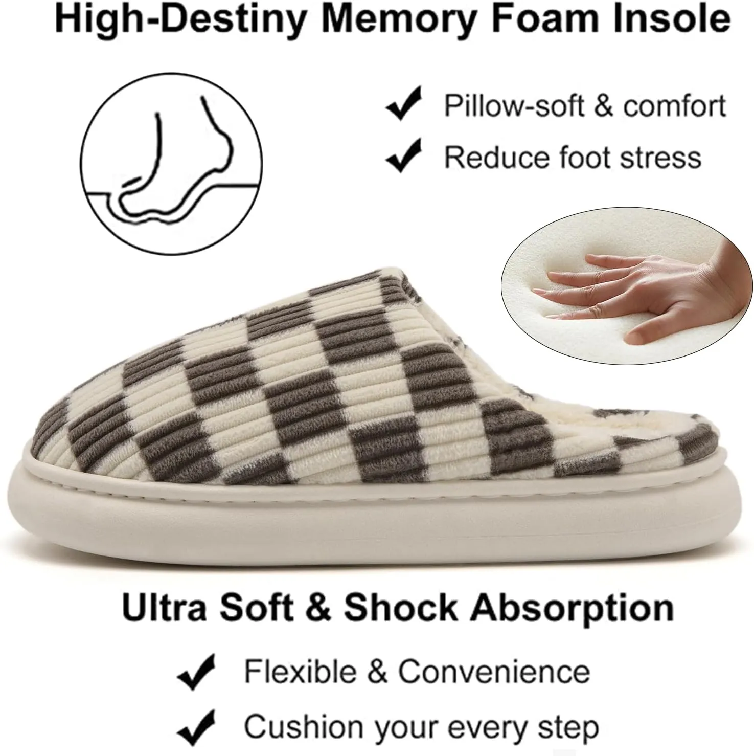 House Slippers for Woman Men, Womens Slippers on Fuzzy House Shoes Memory Foam Checkered Scuff Outdoor Indoor Warm Plush Bedroom Shoes with Faux Fur Lining Size