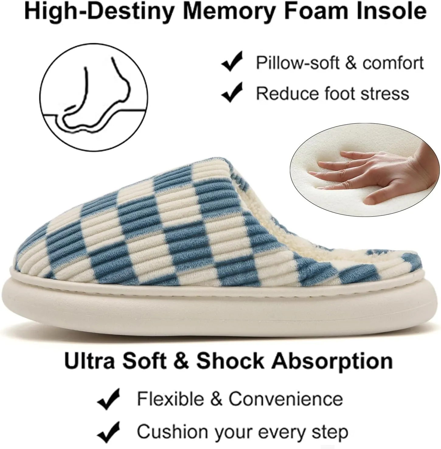 House Slippers for Woman Men, Womens Slippers on Fuzzy House Shoes Memory Foam Checkered Scuff Outdoor Indoor Warm Plush Bedroom Shoes with Faux Fur Lining Size