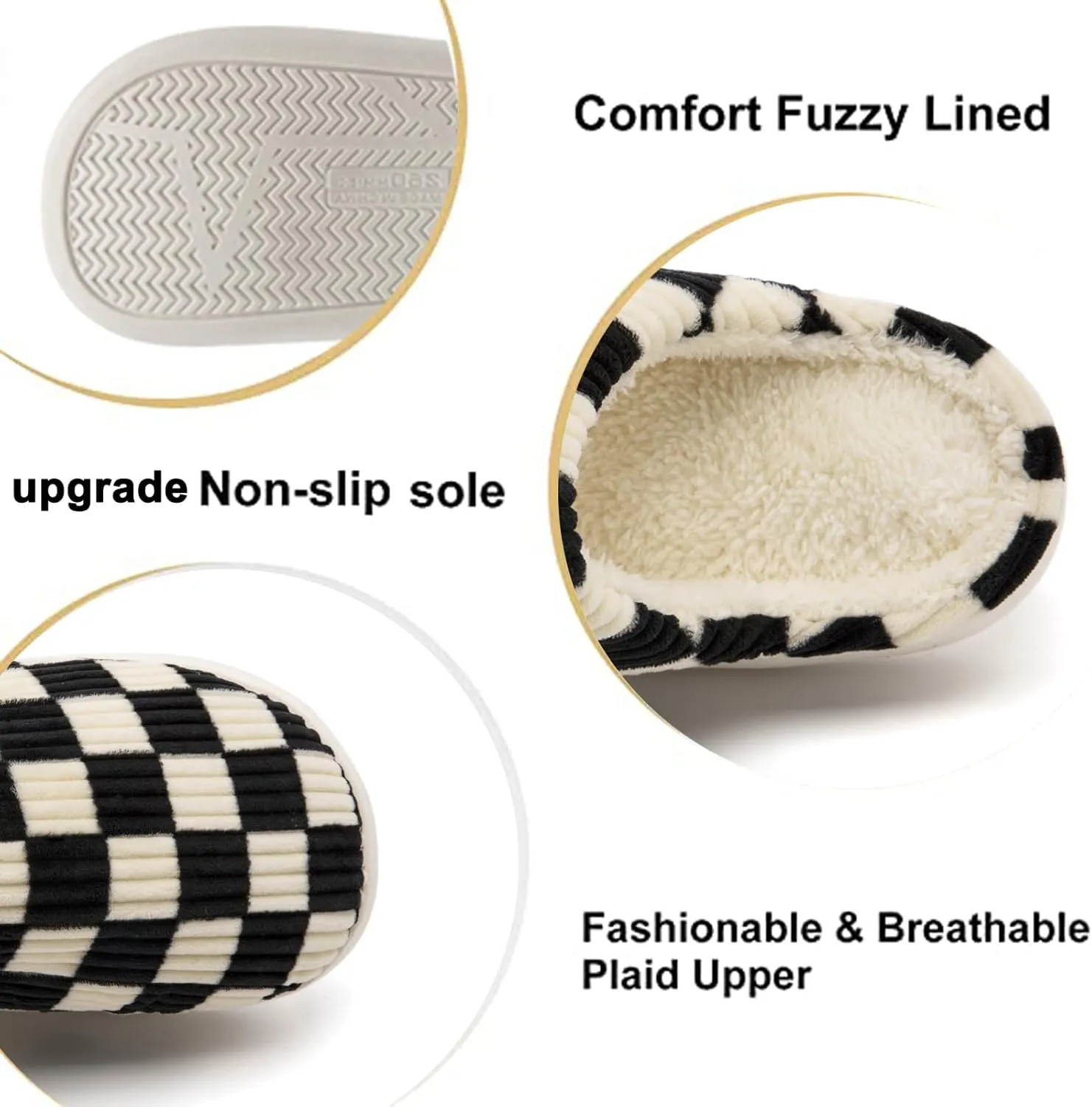 House Slippers for Woman Men, Womens Slippers on Fuzzy House Shoes Memory Foam Checkered Scuff Outdoor Indoor Warm Plush Bedroom Shoes with Faux Fur Lining Size