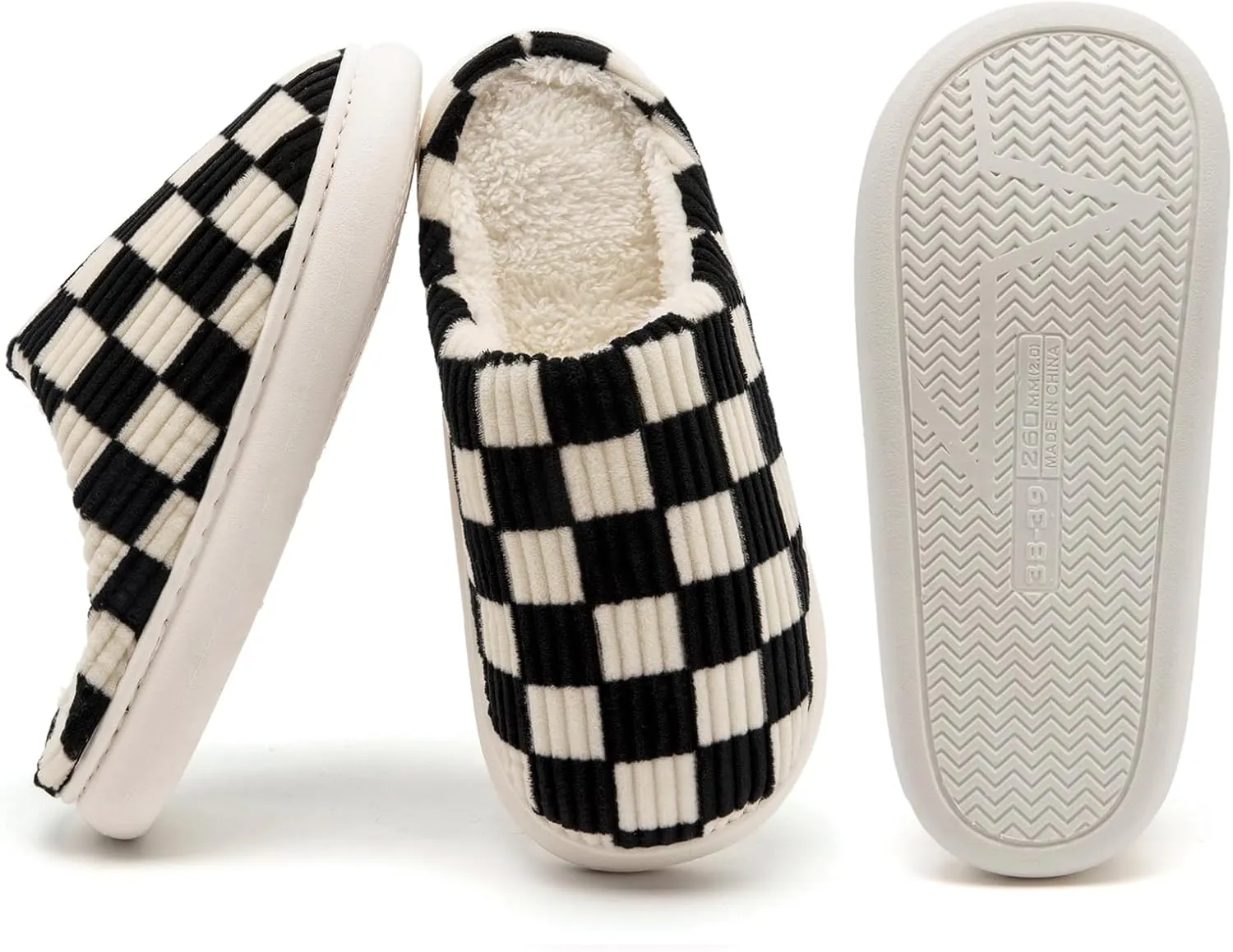 House Slippers for Woman Men, Womens Slippers on Fuzzy House Shoes Memory Foam Checkered Scuff Outdoor Indoor Warm Plush Bedroom Shoes with Faux Fur Lining Size