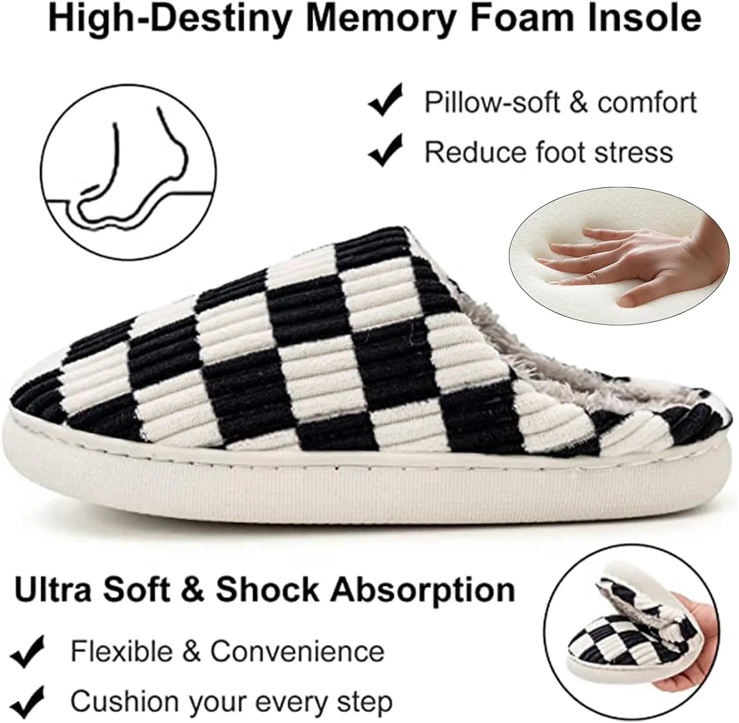 House Slippers for Woman Men, Womens Slippers on Fuzzy House Shoes Memory Foam Checkered Scuff Outdoor Indoor Warm Plush Bedroom Shoes with Faux Fur Lining Size