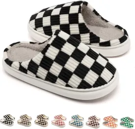 House Slippers for Woman Men, Womens Slippers on Fuzzy House Shoes Memory Foam Checkered Scuff Outdoor Indoor Warm Plush Bedroom Shoes with Faux Fur Lining Size