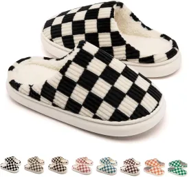 House Slippers for Woman Men, Womens Slippers on Fuzzy House Shoes Memory Foam Checkered Scuff Outdoor Indoor Warm Plush Bedroom Shoes with Faux Fur Lining Size