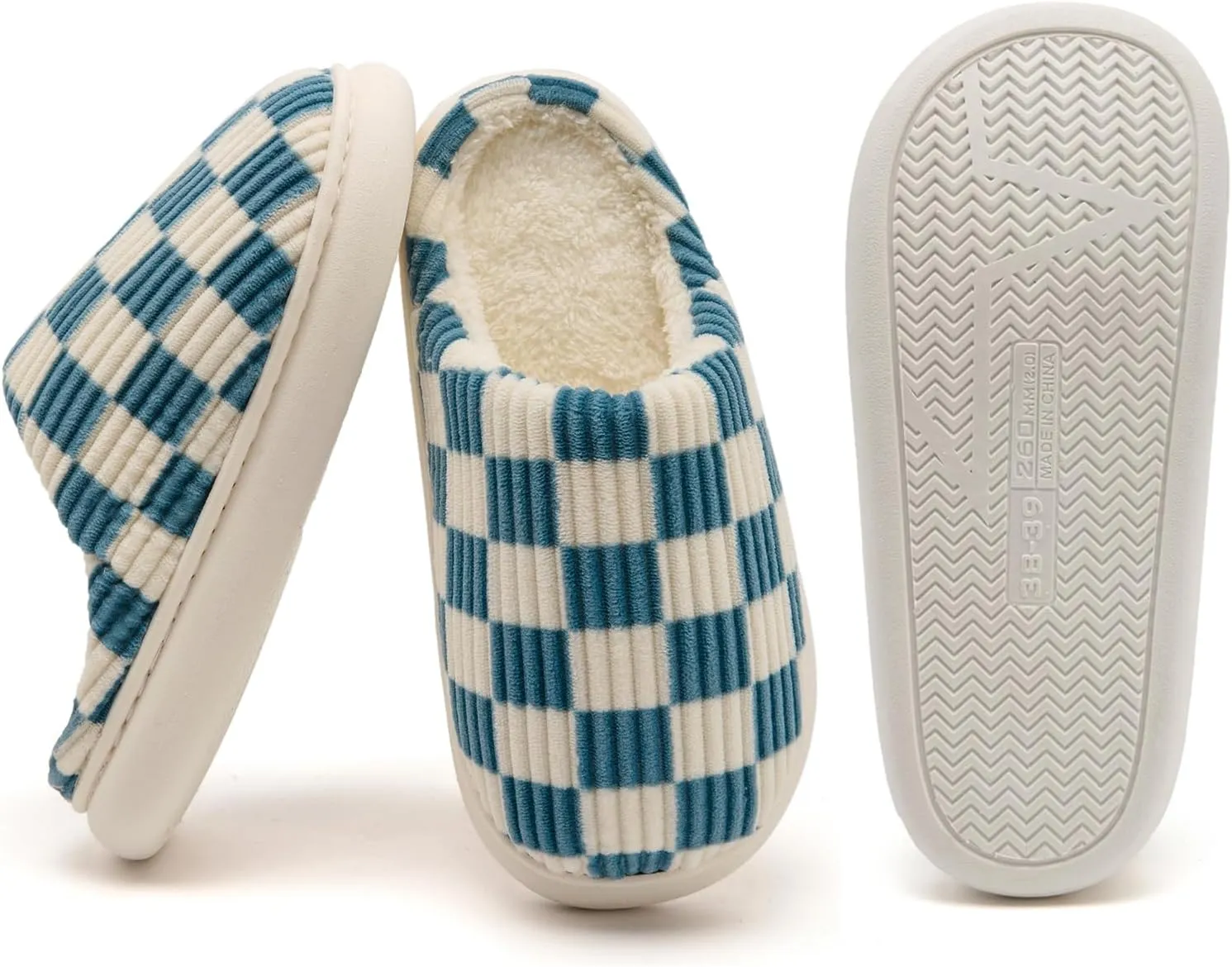 House Slippers for Woman Men, Womens Slippers on Fuzzy House Shoes Memory Foam Checkered Scuff Outdoor Indoor Warm Plush Bedroom Shoes with Faux Fur Lining Size