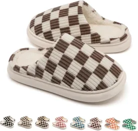 House Slippers for Woman Men, Womens Slippers on Fuzzy House Shoes Memory Foam Checkered Scuff Outdoor Indoor Warm Plush Bedroom Shoes with Faux Fur Lining Size