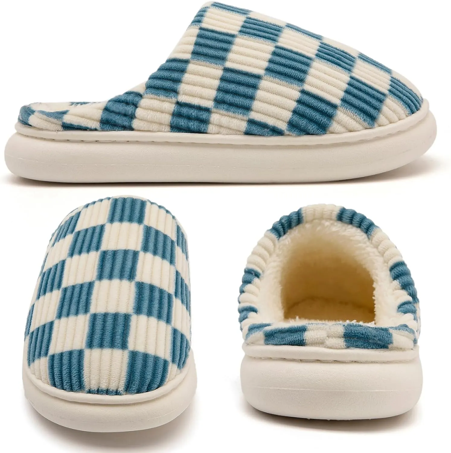 House Slippers for Woman Men, Womens Slippers on Fuzzy House Shoes Memory Foam Checkered Scuff Outdoor Indoor Warm Plush Bedroom Shoes with Faux Fur Lining Size