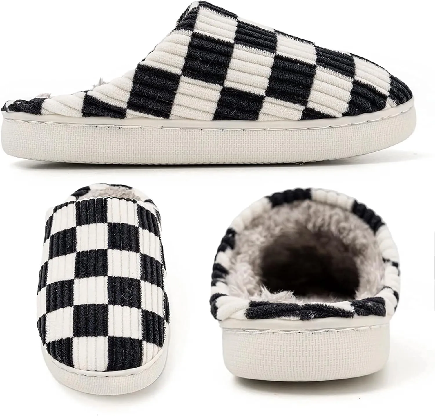 House Slippers for Woman Men, Womens Slippers on Fuzzy House Shoes Memory Foam Checkered Scuff Outdoor Indoor Warm Plush Bedroom Shoes with Faux Fur Lining Size
