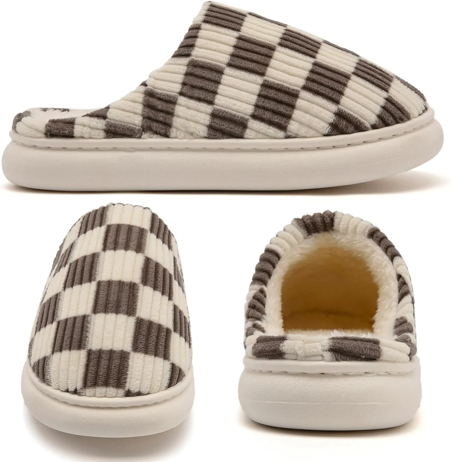 House Slippers for Woman Men, Womens Slippers on Fuzzy House Shoes Memory Foam Checkered Scuff Outdoor Indoor Warm Plush Bedroom Shoes with Faux Fur Lining Size