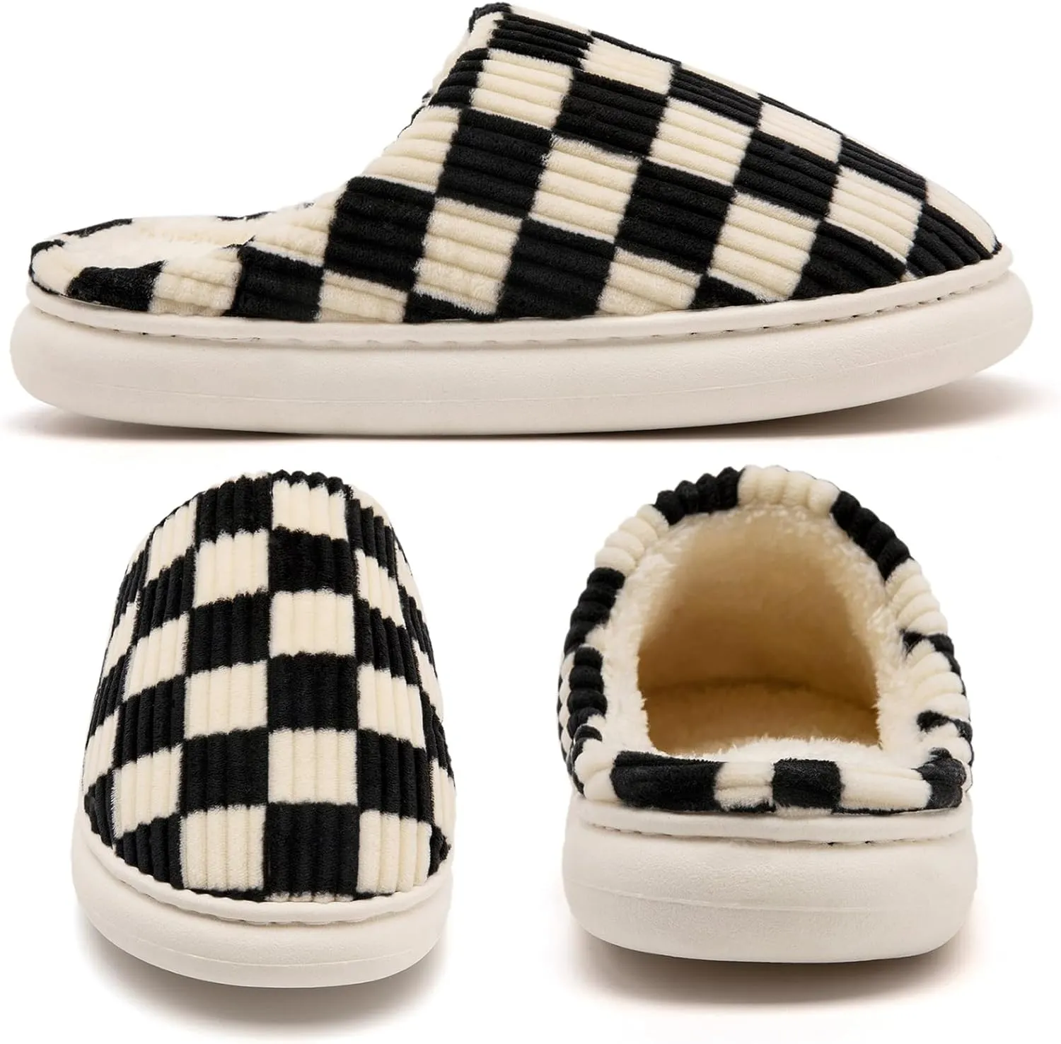 House Slippers for Woman Men, Womens Slippers on Fuzzy House Shoes Memory Foam Checkered Scuff Outdoor Indoor Warm Plush Bedroom Shoes with Faux Fur Lining Size