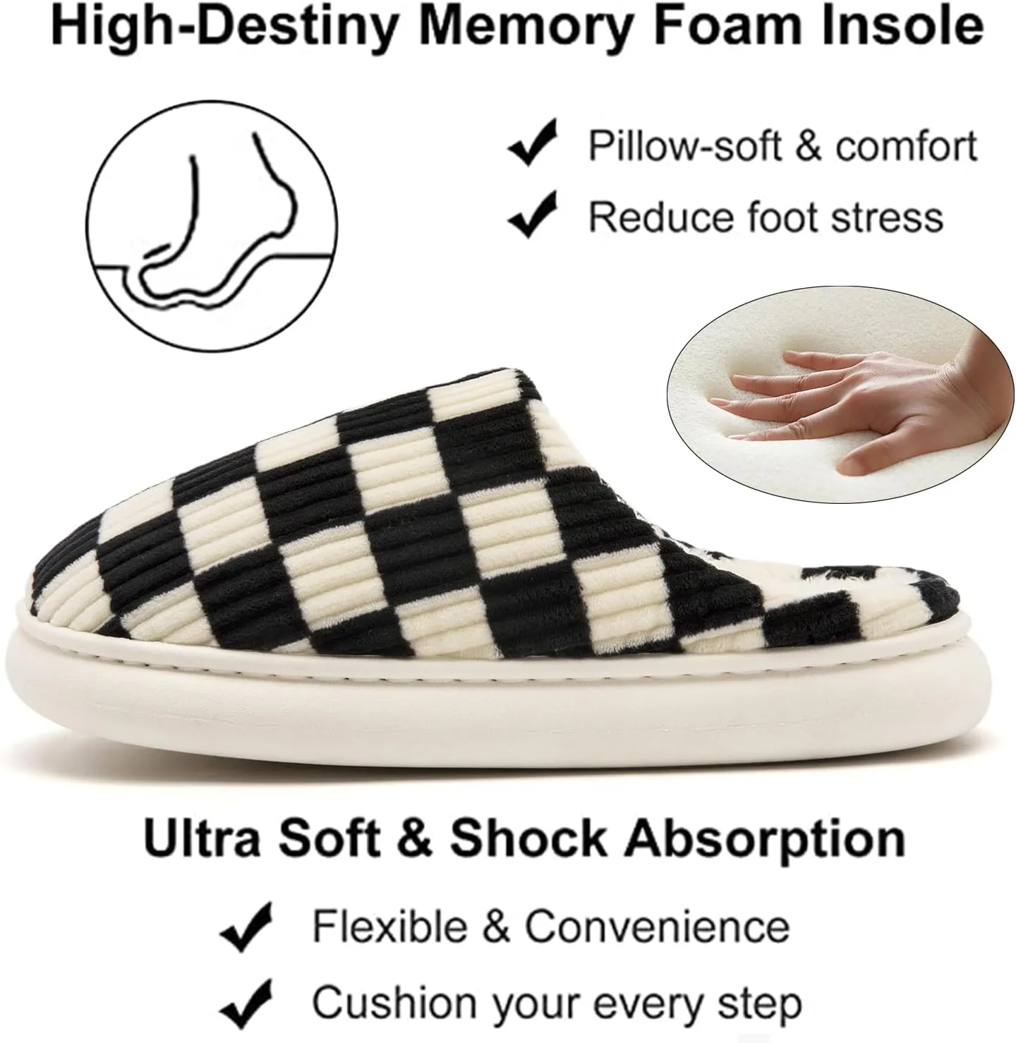 House Slippers for Woman Men, Womens Slippers on Fuzzy House Shoes Memory Foam Checkered Scuff Outdoor Indoor Warm Plush Bedroom Shoes with Faux Fur Lining Size