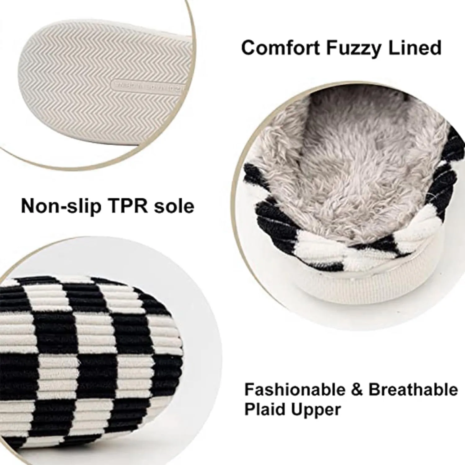House Slippers for Woman Men, Womens Slippers on Fuzzy House Shoes Memory Foam Checkered Scuff Outdoor Indoor Warm Plush Bedroom Shoes with Faux Fur Lining Size