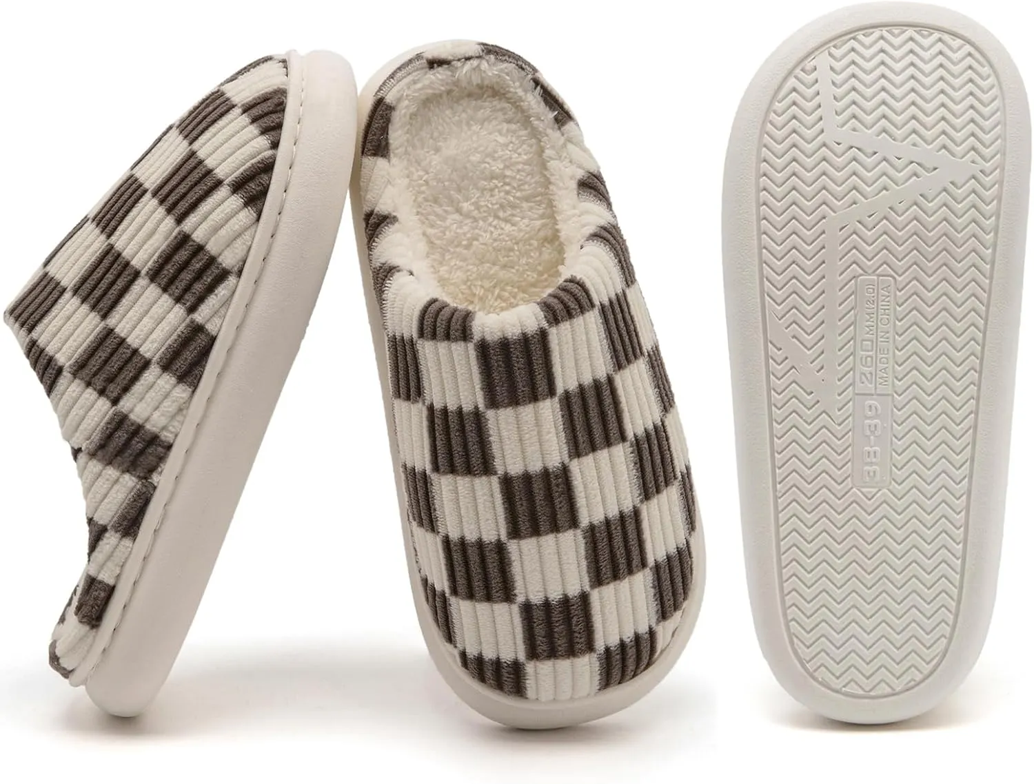 House Slippers for Woman Men, Womens Slippers on Fuzzy House Shoes Memory Foam Checkered Scuff Outdoor Indoor Warm Plush Bedroom Shoes with Faux Fur Lining Size