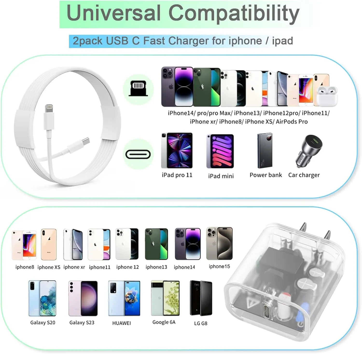 iPhone Charger Fast Charging, 2 Pack 20W USB C Wall Charger Block with MFi Certified 6/10FT Type C to Lightning Cables for iPhone 14 13 12 11 Pro Max XR XS X, iPad,AirPods Pro (Transparent White)