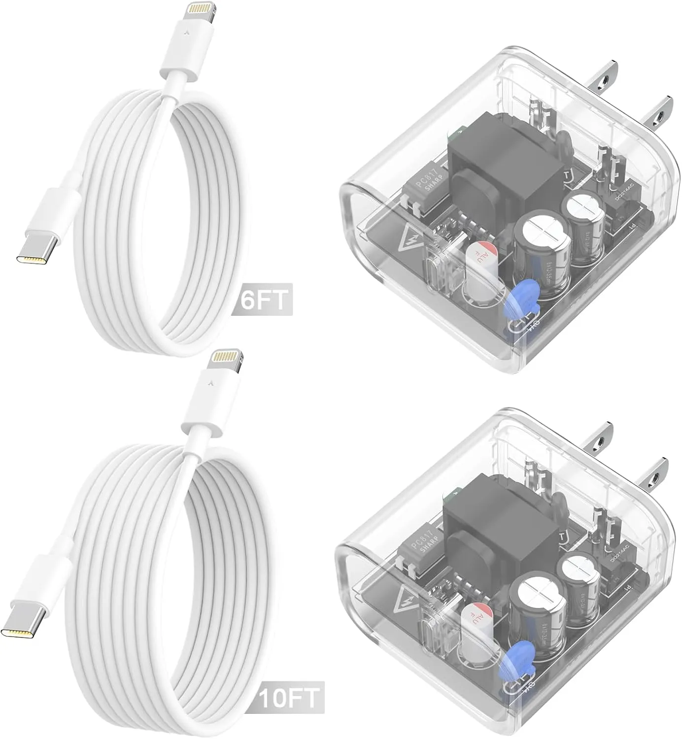 iPhone Charger Fast Charging, 2 Pack 20W USB C Wall Charger Block with MFi Certified 6/10FT Type C to Lightning Cables for iPhone 14 13 12 11 Pro Max XR XS X, iPad,AirPods Pro (Transparent White)