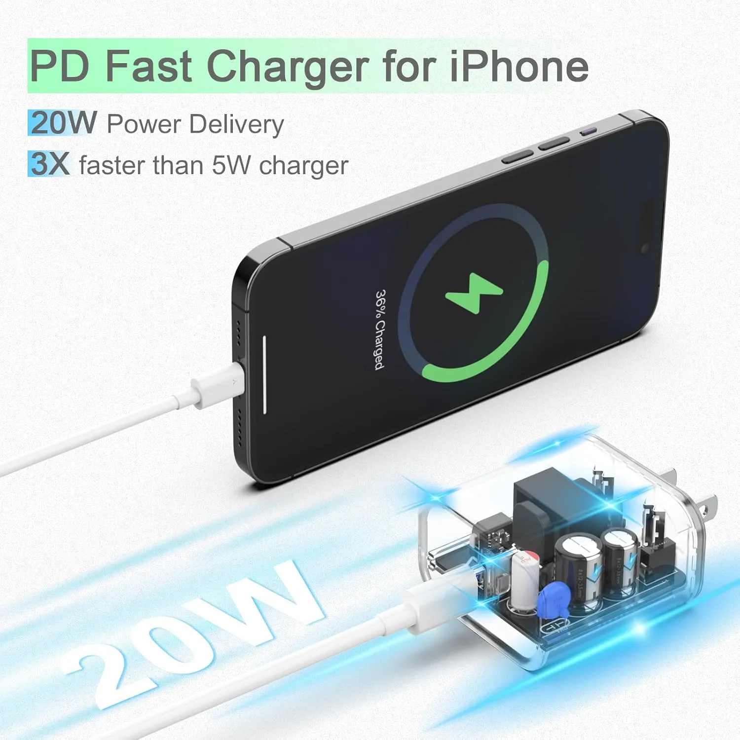 iPhone Charger Fast Charging, 2 Pack 20W USB C Wall Charger Block with MFi Certified 6/10FT Type C to Lightning Cables for iPhone 14 13 12 11 Pro Max XR XS X, iPad,AirPods Pro (Transparent White)